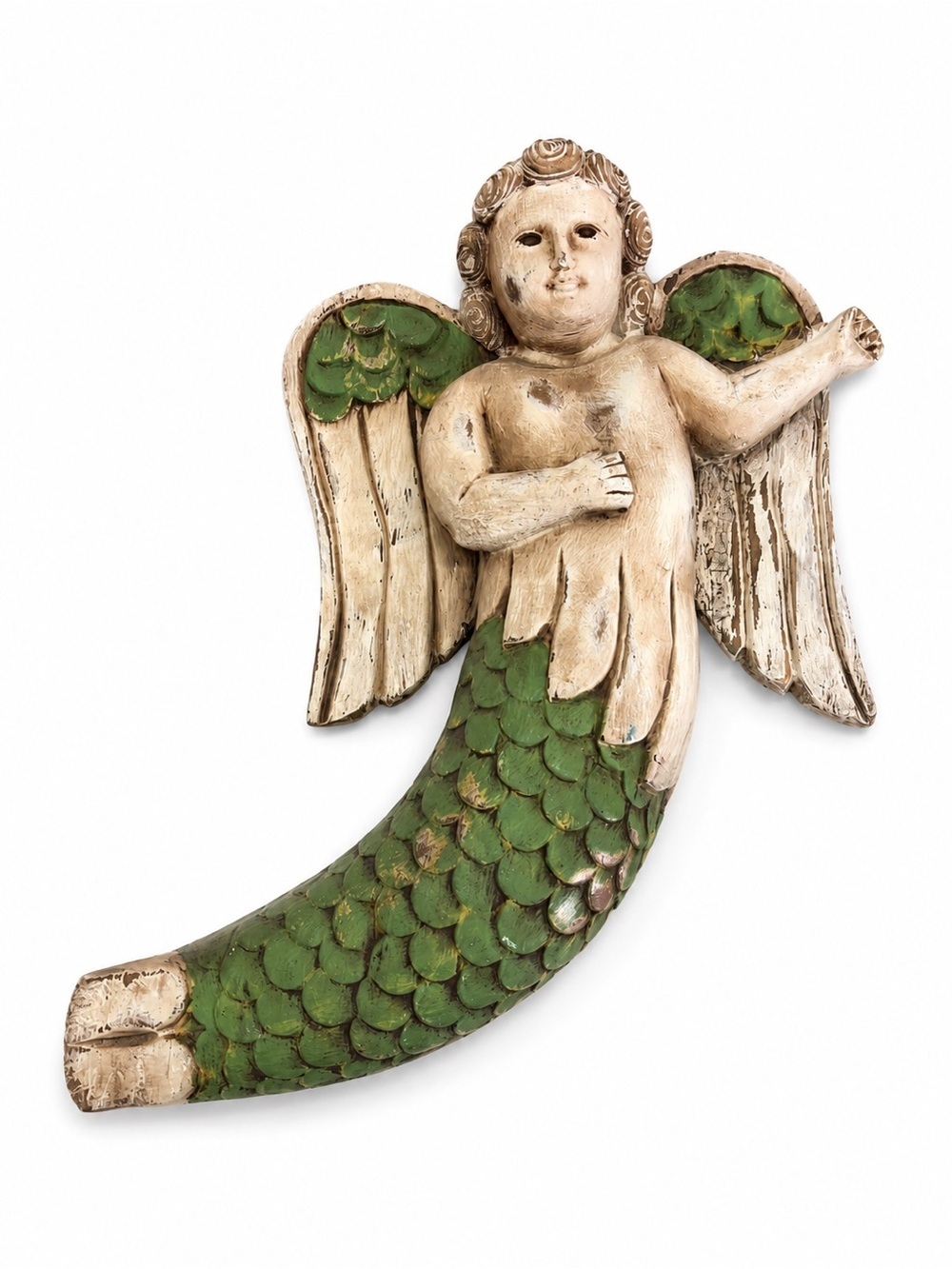 Vintage Cherub Angel Wall Hanging Rustic Cottage Farmhouse Decor Green Cream